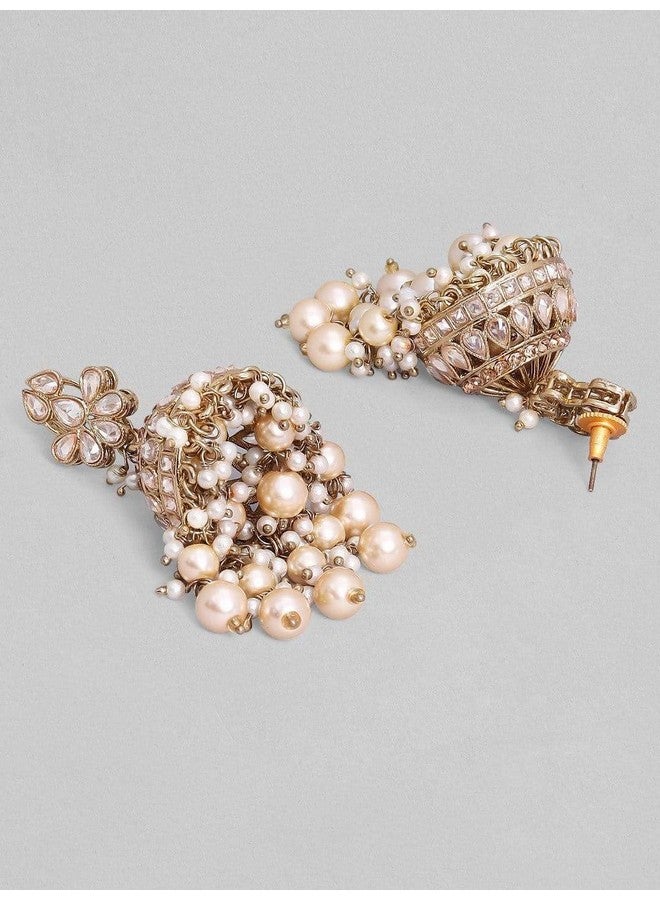 Rubans 22K Gold-Plated Kundan Studded Peach & White Pearl Beaded Handcrafted Dome Jhumkas For Women - Image 2