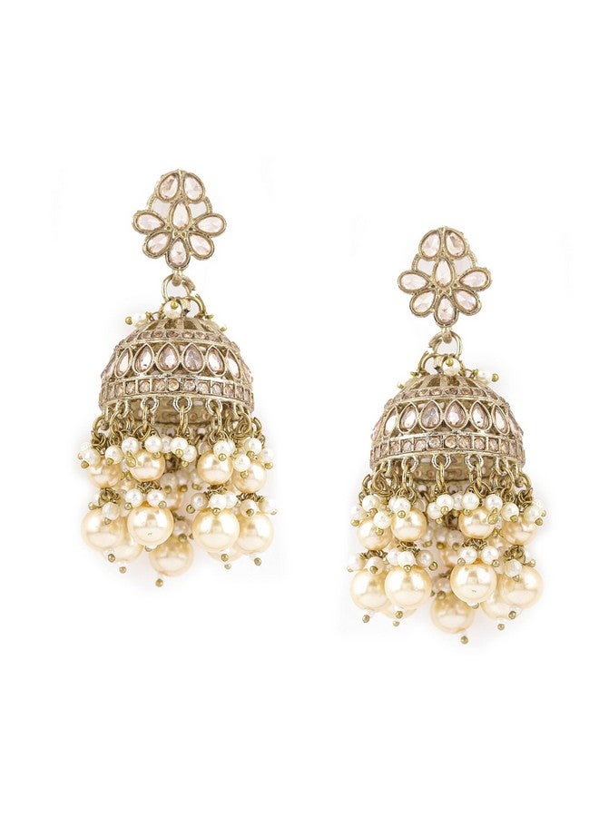 Rubans 22K Gold-Plated Kundan Studded Peach & White Pearl Beaded Handcrafted Dome Jhumkas For Women - Image 1