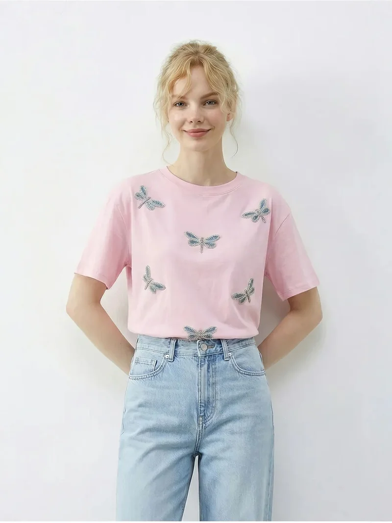 Bianco Lucci LUCCI Embroidered Crew Neck Relaxed Fit T-Shirt