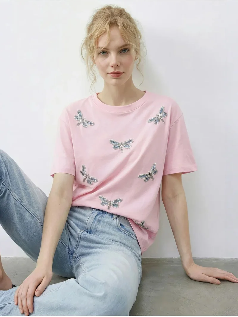 Bianco Lucci LUCCI Embroidered Crew Neck Relaxed Fit T-Shirt