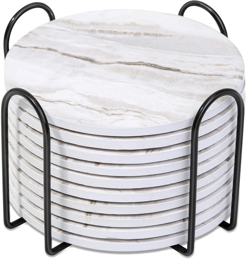 Caffox Drink Coasters with Holder for Coffee Table, Absorbent Coaster Sets of 10, Marble Style Ceramic Coaster for Wooden Table, Suitable for Kinds of Cups, Home Decor, 4 Inches(Gray marbling) - Image 1