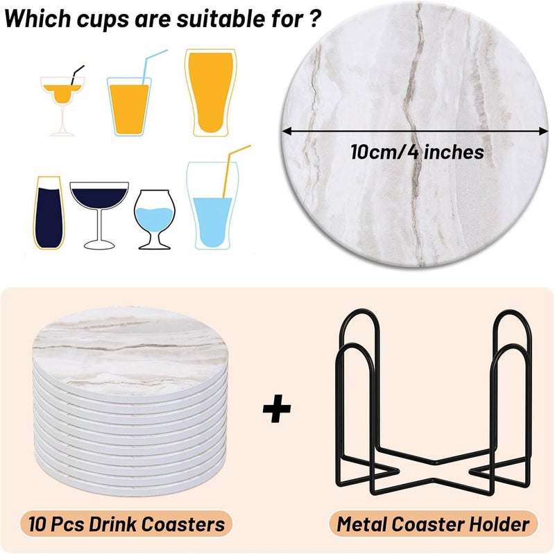 Caffox Drink Coasters with Holder for Coffee Table, Absorbent Coaster Sets of 10, Marble Style Ceramic Coaster for Wooden Table, Suitable for Kinds of Cups, Home Decor, 4 Inches(Gray marbling) - Image 3