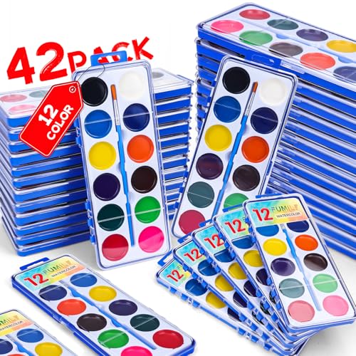 FUMILE 42 Pack Watercolor Paint Set for Kids 12 Colors Watercolors Paints with Paint Brush Kids Watercolor Paint Set for Party Favor ClassroomEaster Basket Stuffers - Image 1