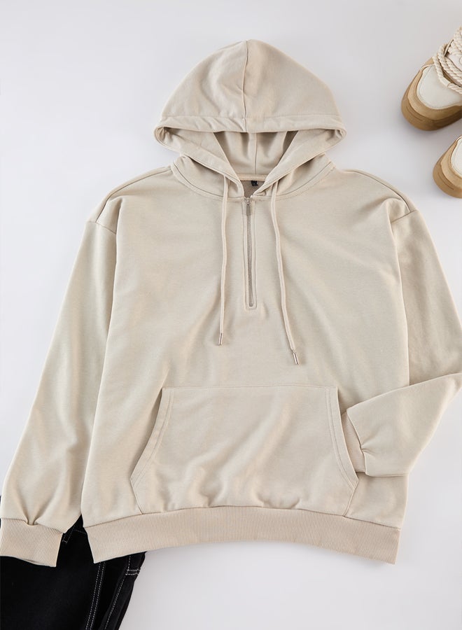 trendyol Stone Basic Oversize/Wide Cut Zippered Hooded Basic Non-raised Sweatshirt - Image 5