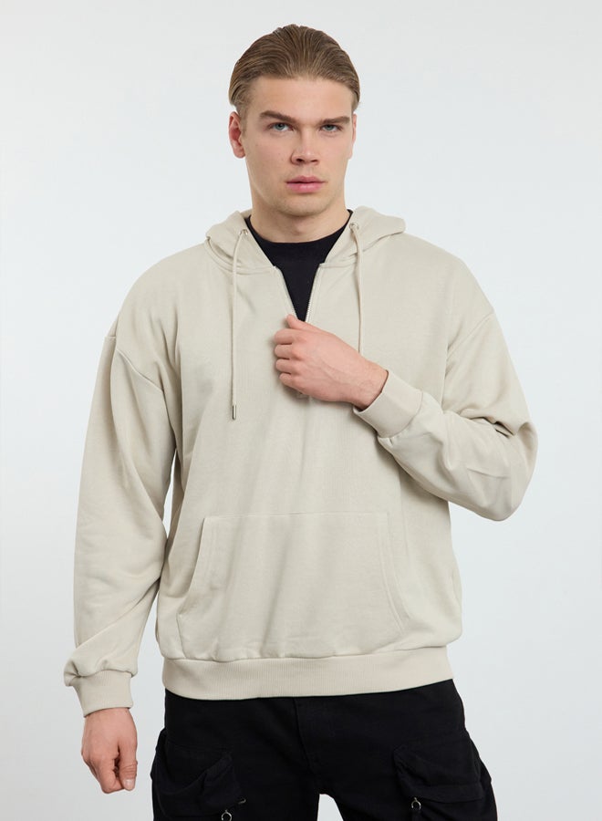 trendyol Stone Basic Oversize/Wide Cut Zippered Hooded Basic Non-raised Sweatshirt - Image 1