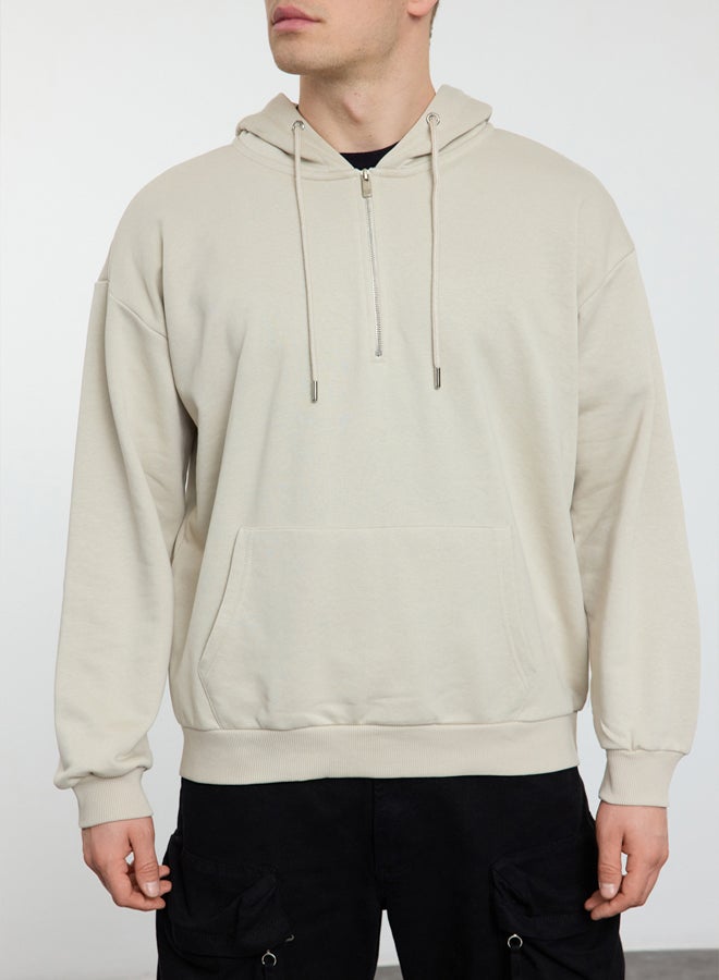 trendyol Stone Basic Oversize/Wide Cut Zippered Hooded Basic Non-raised Sweatshirt - Image 3