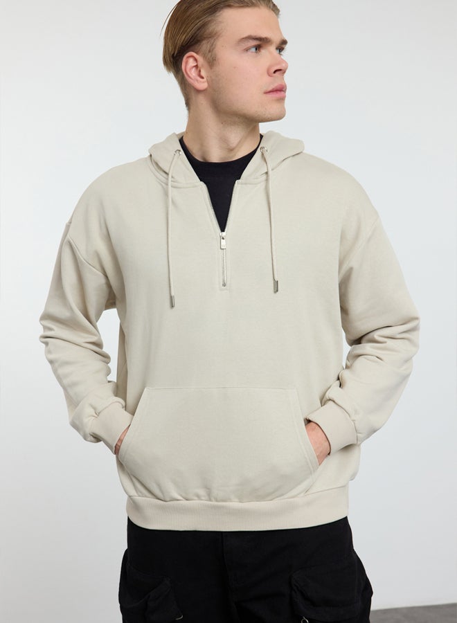 trendyol Stone Basic Oversize/Wide Cut Zippered Hooded Basic Non-raised Sweatshirt - Image 2