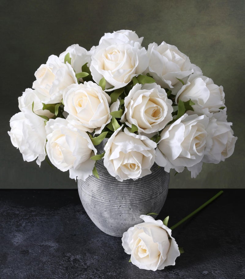 Ivydale 18pcs White Roses Artificial Flowers, Fake Roses Silk Flowers with Stems Realistic Bouquet for Wedding Party Home Decoration DIY Centerpiece Floral Romantic Gifts - Image 1