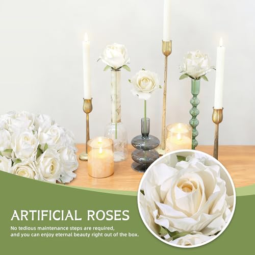 Ivydale 18pcs White Roses Artificial Flowers, Fake Roses Silk Flowers with Stems Realistic Bouquet for Wedding Party Home Decoration DIY Centerpiece Floral Romantic Gifts - Image 2