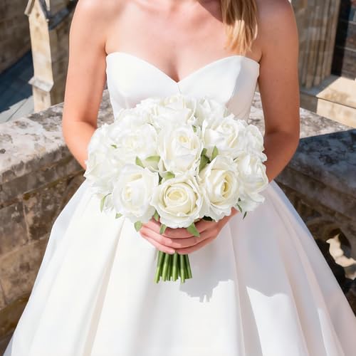 Ivydale 18pcs White Roses Artificial Flowers, Fake Roses Silk Flowers with Stems Realistic Bouquet for Wedding Party Home Decoration DIY Centerpiece Floral Romantic Gifts - Image 5