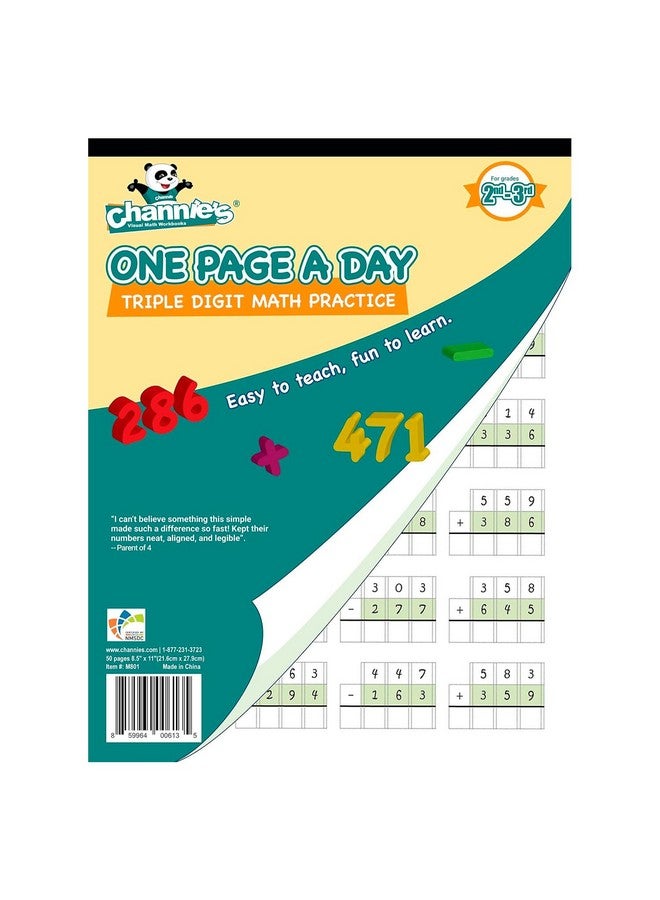 Channie's One Page A Day Math Workbook, Triple Digit Math Practice Worksheets, 50 Pages Front And Back, 25 Sheets, Grades 2Nd And 3Rd, Addition And Subtraction Workbook, Size 8.5” X 11” - Image 1