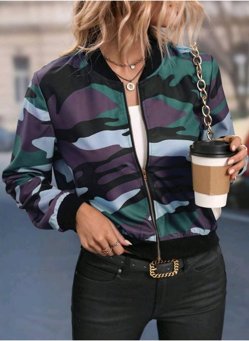 Shein SHEIN Lune Camo Print Zip Up Bomber Jacket GREEN  - Image 1