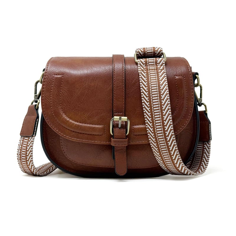 AFKOMST Crossbody Bags for Women,Small Saddle Purse and Boho Cross Body Handbags,Vegan Leather, Brown Guitar Strap - Image 1