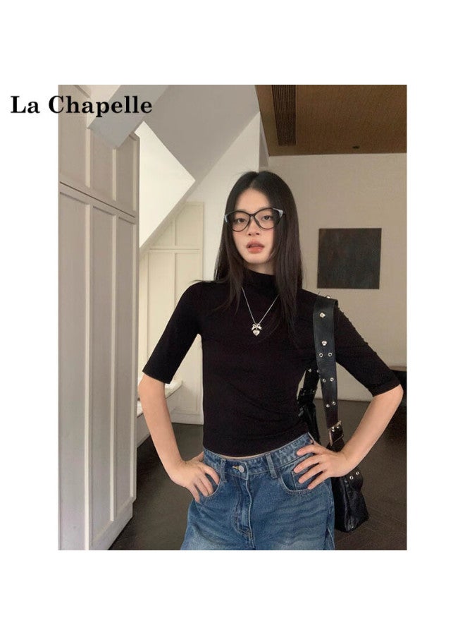 La Chapelle Women's Semi-high Neck Mid-sleeve T-shirt American Style Slim Fit Short Sleeve Base Shirt Dark Gray 2XL - Image 4