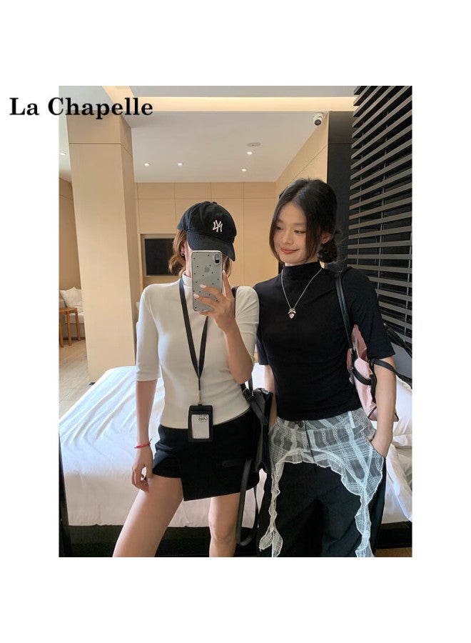 La Chapelle Women's Semi-high Neck Mid-sleeve T-shirt American Style Slim Fit Short Sleeve Base Shirt Dark Gray 2XL - Image 2