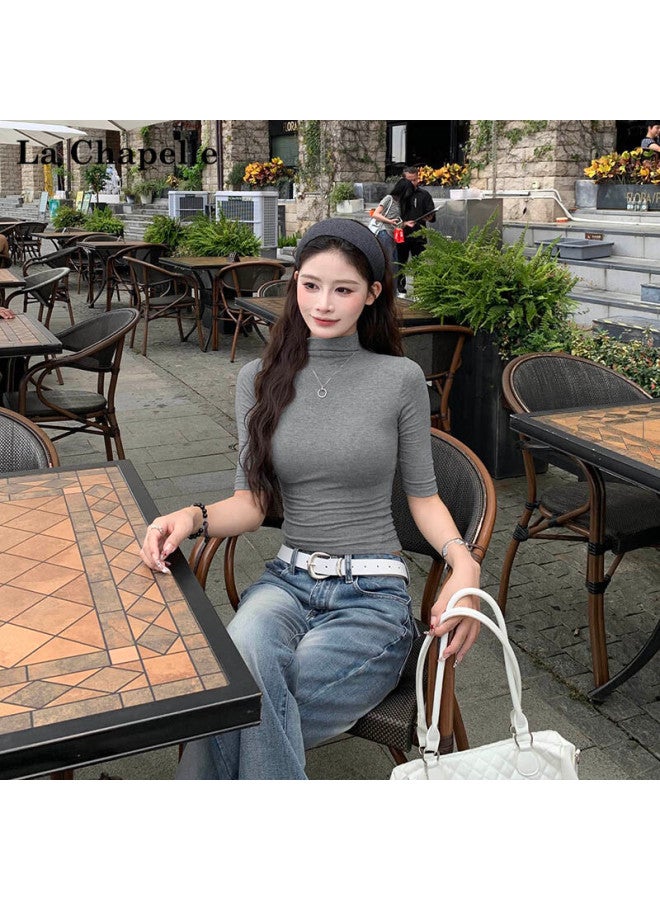 La Chapelle Women's Semi-high Neck Mid-sleeve T-shirt American Style Slim Fit Short Sleeve Base Shirt Dark Gray 2XL - Image 1