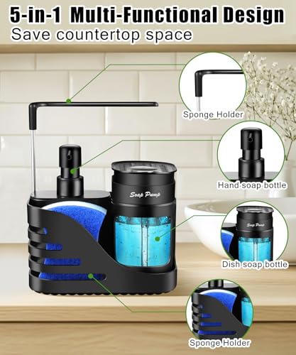 Eavida Kitchen Soap Dispenser Set, 4-in-1 Dual Hand and Dish Soap Dispenser with Sponge Holder and Dishcloth Holder for Kitchen Sink (Black) - Image 5