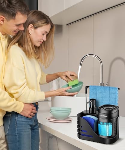 Eavida Kitchen Soap Dispenser Set, 4-in-1 Dual Hand and Dish Soap Dispenser with Sponge Holder and Dishcloth Holder for Kitchen Sink (Black) - Image 4