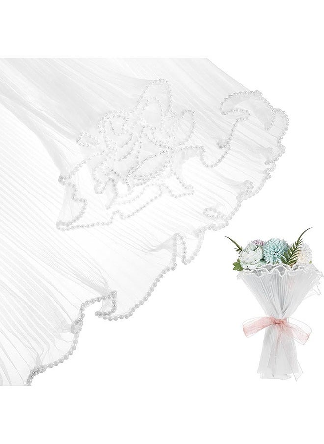 Flower Wrapping Paper White Pearl Mesh for Bouquets, Pearl Edge Wrinkle Bouquet Wrapping Paper Ruffle Yarn Translucent Wavy Net Floral Packaging Paper for Valentine's Day Mother's Day 4 Yards - Image 1