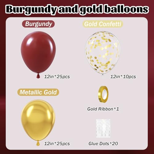 awenztech 60pcs Burgundy and Gold Balloons 12inch Maroon and Gold Balloons with Metallic Gold Confetti Balloons for Graduation Birthday Bridal Shower Party Decorations - Image 5