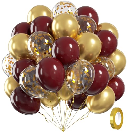 awenztech 60pcs Burgundy and Gold Balloons 12inch Maroon and Gold Balloons with Metallic Gold Confetti Balloons for Graduation Birthday Bridal Shower Party Decorations - Image 1