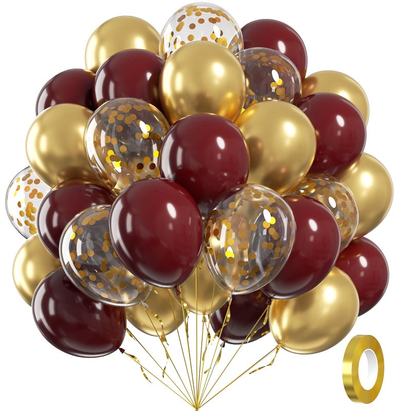 awenztech 60pcs Burgundy and Gold Balloons 12inch Maroon and Gold Balloons with Metallic Gold Confetti Balloons for Graduation Birthday Bridal Shower Party Decorations - Image 3