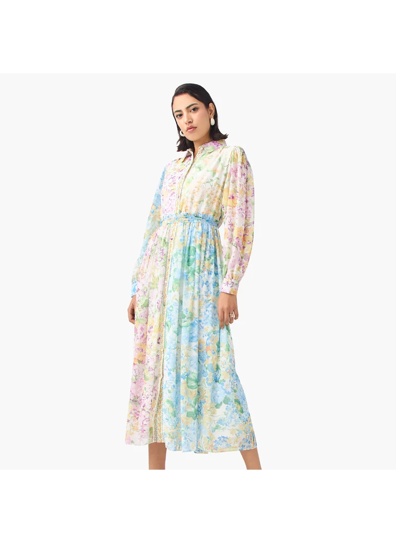 تواكستريمز 2Xtremz Floral Print Shirt Dress with Cuff Sleeves and Tie-Up Belt