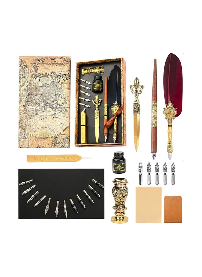 VolksRose Quill Pen and Ink Set, Calligraphy Feather Pen and Ink Set, Includes Dip Pen, 17 Replaceable Nib, Ink, Wax Seal Stamp, Wax Seal Stick, Envelope Opening Tool, Calligraphy Writing Pen Set Gift  - Image 2