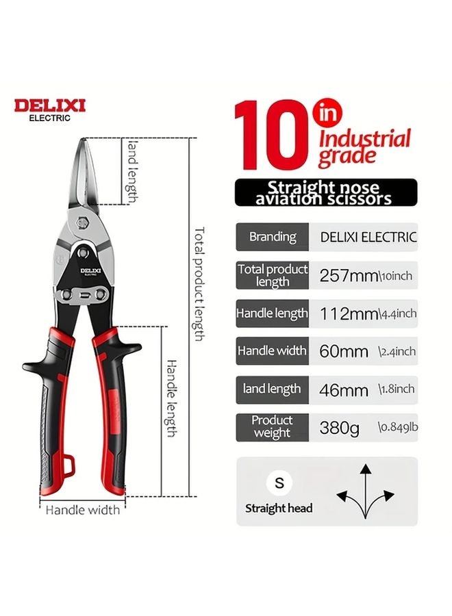 Delixi 10 Inch Straight Head Aviation Snips Metal Handled With Safety Lock System - Image 1