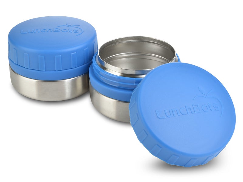 LunchBots Rounds Leak Proof 4 oz. Stainless Snack Container Jar, Set of 2, Blue Lid - Image 1