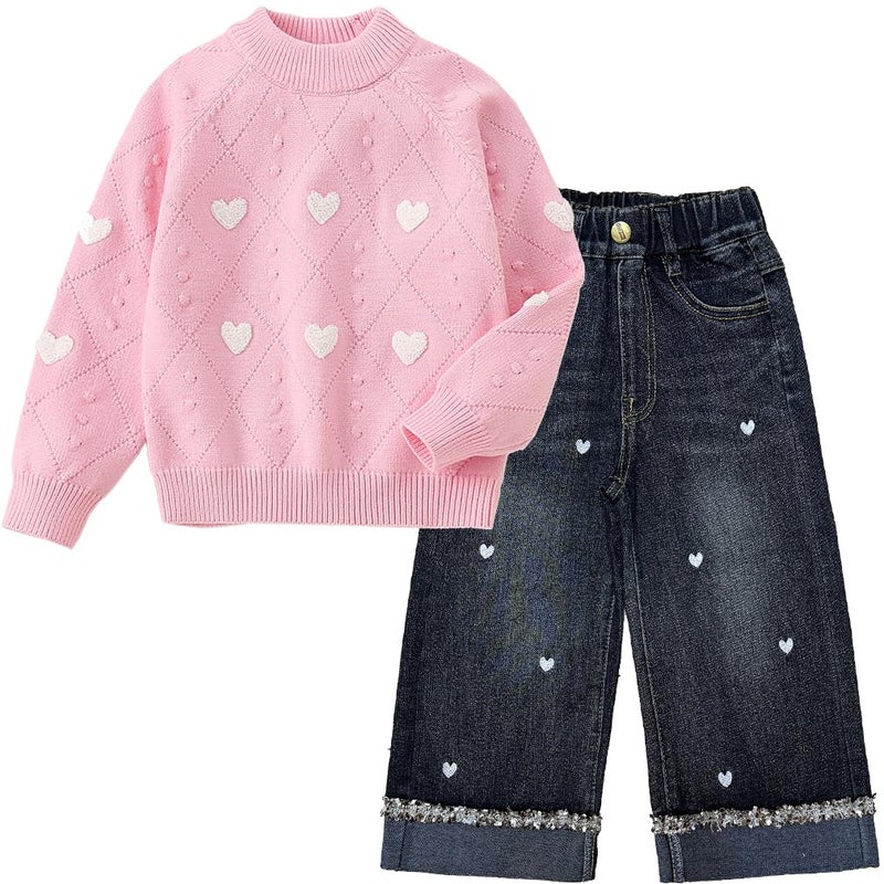 Peacolate 2-7T Spring Fall Little Girls 2pcs Clothing Set Heart Knit Sweater and Straight Jeans(Pink,2-3Years) - Image 1