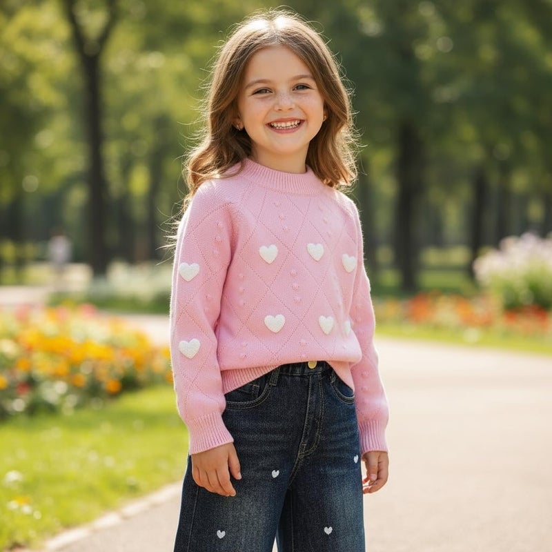 Peacolate 2-7T Spring Fall Little Girls 2pcs Clothing Set Heart Knit Sweater and Straight Jeans(Pink,2-3Years) - Image 2