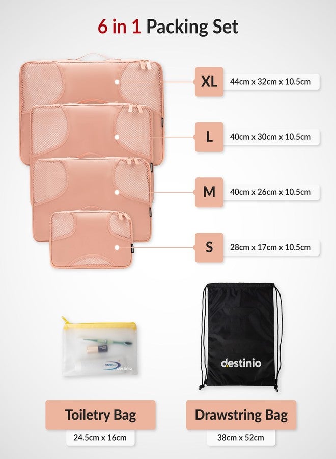 Destinio Packing Cubes for Travel, 6 in 1 Water Resistant Travel Organizer Pouch Set (4 Cubes+Drawstring Bag+Cosmetic Pouch) Luggage Suitcase Wardrobe Bags for Clothes, Packing Cubes (Pink) - Image 5