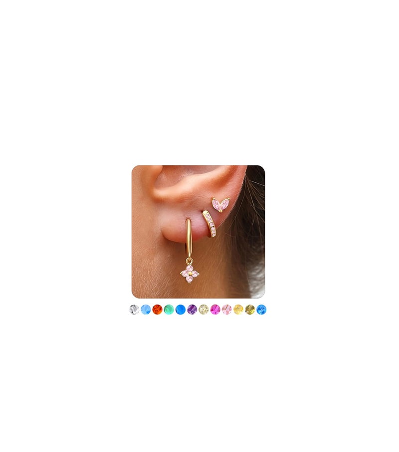 MOZAKA 3 Pairs Dainty Gold Birthstone Earrings Set for Multiple Piercing 14k Gold Plated Hypoallergenic Cartilage Small Hoop Stud Earrings Set for Women Birthday Gifts (OCTOBER Pink Tourmaline) - Image 1