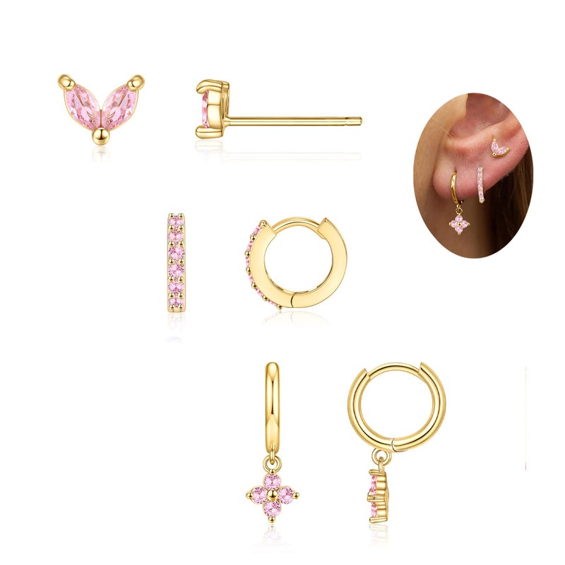 MOZAKA 3 Pairs Dainty Gold Birthstone Earrings Set for Multiple Piercing 14k Gold Plated Hypoallergenic Cartilage Small Hoop Stud Earrings Set for Women Birthday Gifts (OCTOBER Pink Tourmaline) - Image 2