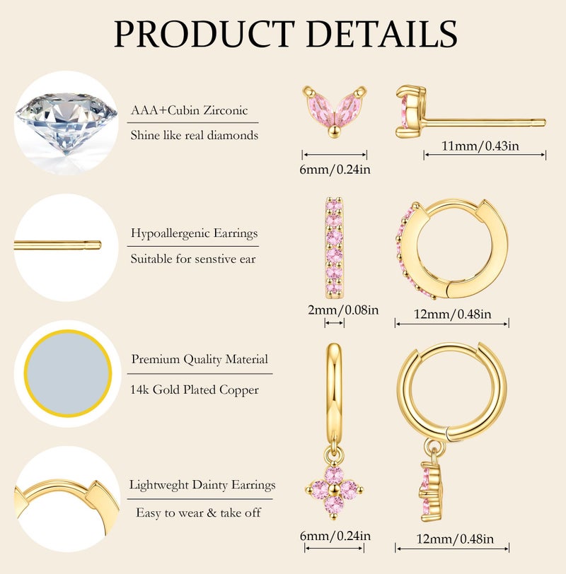 MOZAKA 3 Pairs Dainty Gold Birthstone Earrings Set for Multiple Piercing 14k Gold Plated Hypoallergenic Cartilage Small Hoop Stud Earrings Set for Women Birthday Gifts (OCTOBER Pink Tourmaline) - Image 4