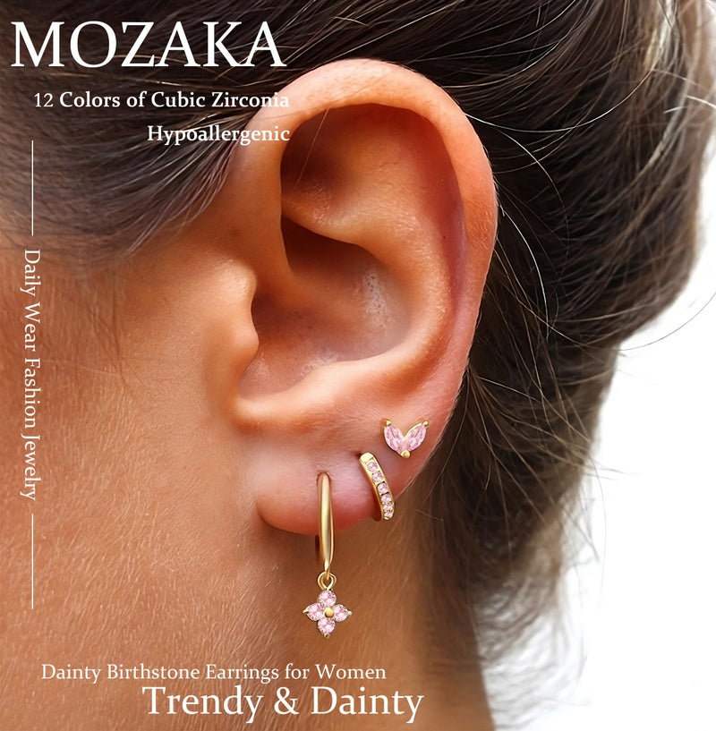 MOZAKA 3 Pairs Dainty Gold Birthstone Earrings Set for Multiple Piercing 14k Gold Plated Hypoallergenic Cartilage Small Hoop Stud Earrings Set for Women Birthday Gifts (OCTOBER Pink Tourmaline) - Image 3