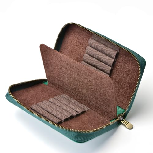 Asvine Fountain Pen Case Genuine Leather Pen Case 10 Divided Slots Army Green, Rollerball Pen Holder Handmade Display Organizer Zippered Pouch - Image 4