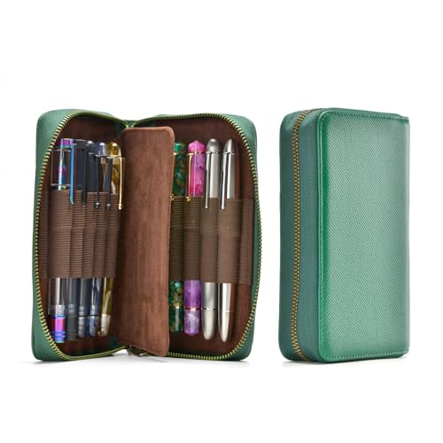 Asvine Fountain Pen Case Genuine Leather Pen Case 10 Divided Slots Army Green, Rollerball Pen Holder Handmade Display Organizer Zippered Pouch - Image 2