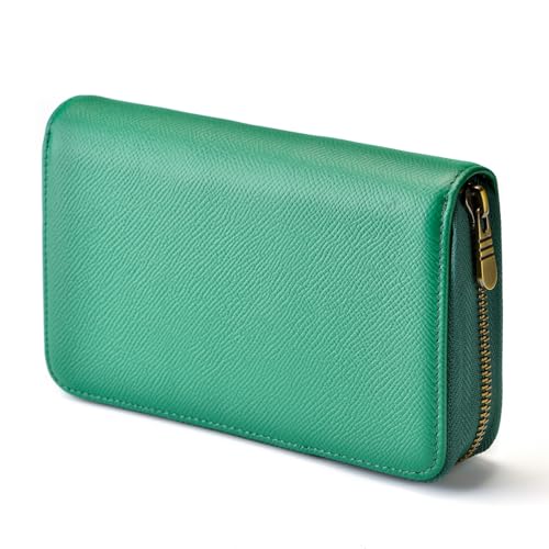 Asvine Fountain Pen Case Genuine Leather Pen Case 10 Divided Slots Army Green, Rollerball Pen Holder Handmade Display Organizer Zippered Pouch - Image 1