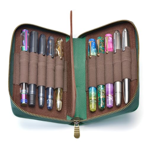 Asvine Fountain Pen Case Genuine Leather Pen Case 10 Divided Slots Army Green, Rollerball Pen Holder Handmade Display Organizer Zippered Pouch - Image 3
