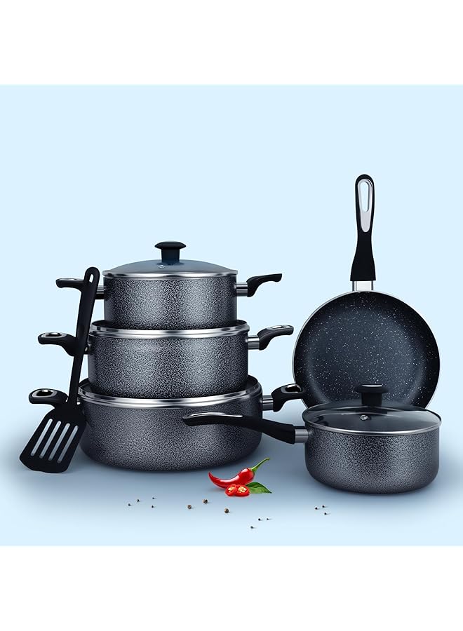 إمبكس طقم أواني طهي رويال جرانيت غير لاصق، مكون من ١٠ قطع، مقلاة ٢٤ سم، ٣ قدور بغطاء ٢٨ سم، قدر حليب بغطاء ١٨ سم وملعقة مسطحة، خالٍ من حمض بيرفلورو الأوكتانويك (PFOA) NCB ٧١١٠ - Image 3