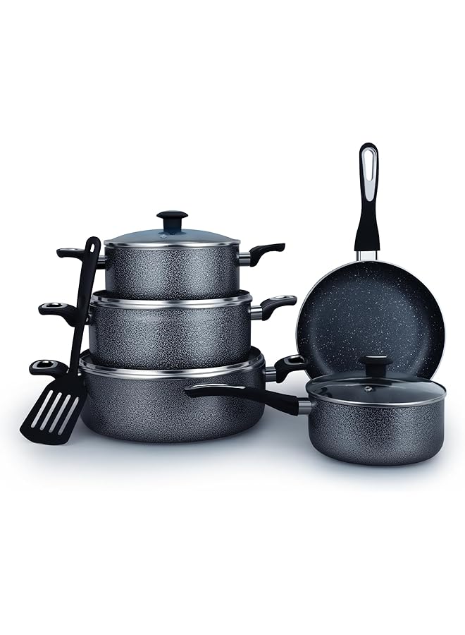إمبكس طقم أواني طهي رويال جرانيت غير لاصق، مكون من ١٠ قطع، مقلاة ٢٤ سم، ٣ قدور بغطاء ٢٨ سم، قدر حليب بغطاء ١٨ سم وملعقة مسطحة، خالٍ من حمض بيرفلورو الأوكتانويك (PFOA) NCB ٧١١٠ - Image 1