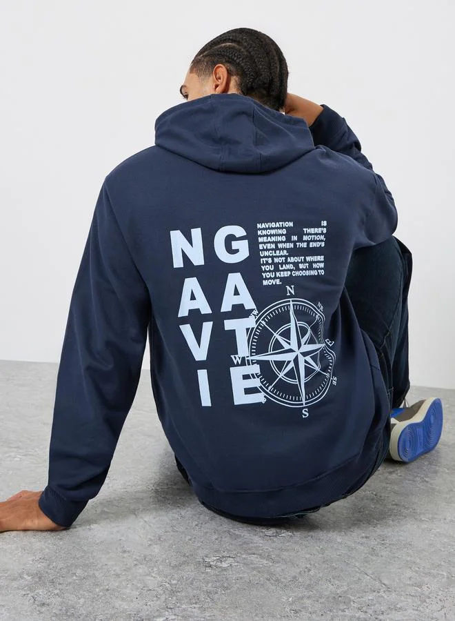 Navy Blue Graphic Print Relaxed Fit Hoodie