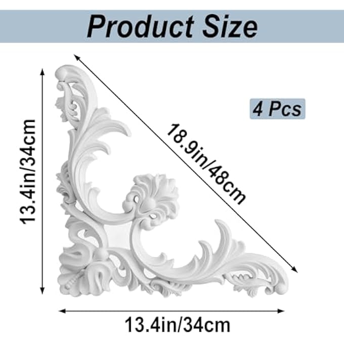 4 PCS PU CORNER MEDALLIONS FOR WALL AND CEILING DECORATION, FRENCH STYLE ACCENT WALL KIT, EASY INSTALL, WHITE (13.4X13.4IN) - Image 2