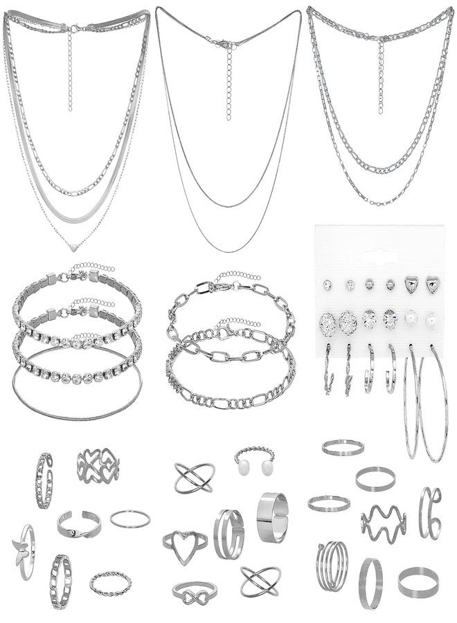 Gvhntk Silver Jewelry Set for Women Layered Bracelets Ball Dangle Hoop Earrings Stackable Knuckle Rings Set Dainty Adjustable Necklaces Valentine Anniversary Trendy Party Costume Accessories Jewelry (Fashionable) - Image 1