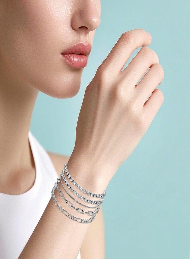 Gvhntk Silver Jewelry Set for Women Layered Bracelets Ball Dangle Hoop Earrings Stackable Knuckle Rings Set Dainty Adjustable Necklaces Valentine Anniversary Trendy Party Costume Accessories Jewelry (Fashionable) - Image 4