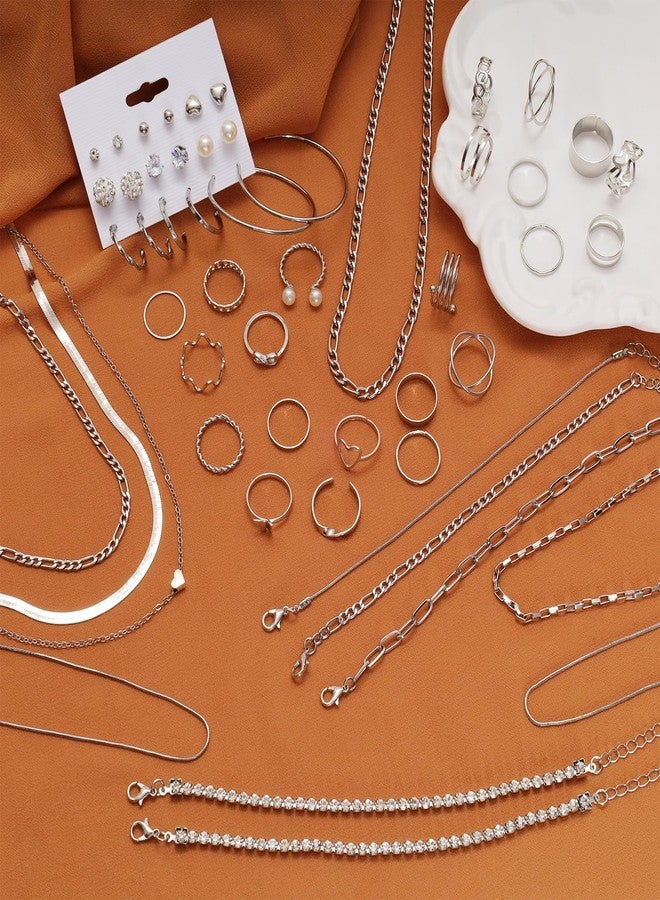 Gvhntk Silver Jewelry Set for Women Layered Bracelets Ball Dangle Hoop Earrings Stackable Knuckle Rings Set Dainty Adjustable Necklaces Valentine Anniversary Trendy Party Costume Accessories Jewelry (Fashionable) - Image 2