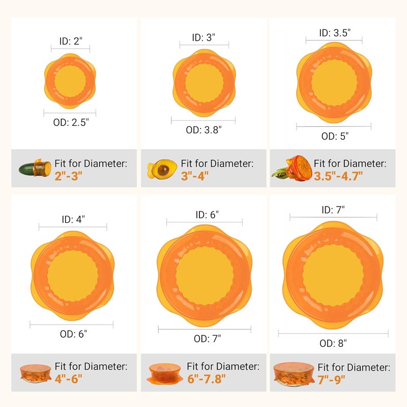Rottogoon Silicone Stretch Lids for Food Storage in Fridge, Reusable Elastic Bowl Covers for Cup, Cans, Jars, Round & Rectangle Container, Food Grade Silicone Microwave Food Cover, Orange, 6PCS - Image 2