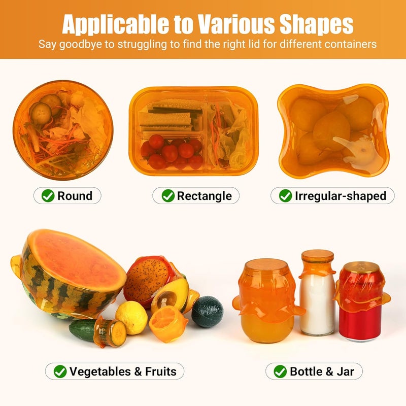 Rottogoon Silicone Stretch Lids for Food Storage in Fridge, Reusable Elastic Bowl Covers for Cup, Cans, Jars, Round & Rectangle Container, Food Grade Silicone Microwave Food Cover, Orange, 6PCS - Image 3
